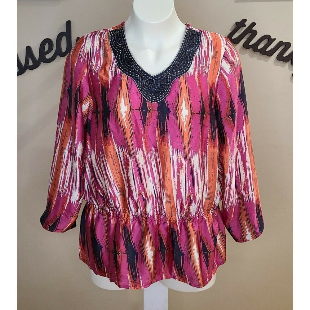 Russell Kemp New York Colorful Beaded Neck 1X Top New